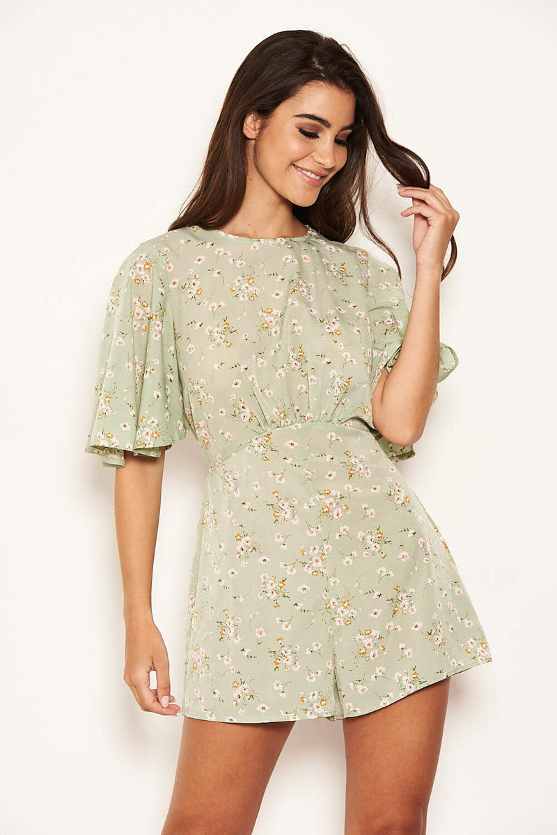 Mint Bell Sleeve Floral Playsuit