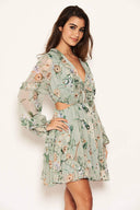 Mint Cut Out Floral Frill Sheer Dress