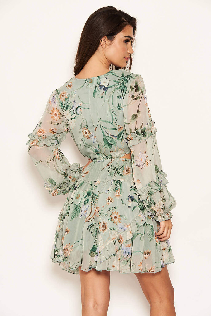 Mint Cut Out Floral Frill Sheer Dress