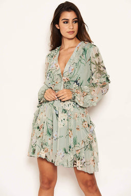 Mint Cut Out Floral Frill Sheer Dress