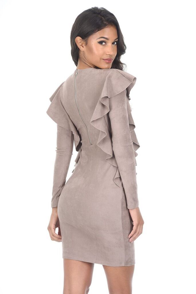 Mocha Suede Long Sleeve Frill Dress