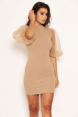 Mocha Puff Sleeve Bodycon Dress