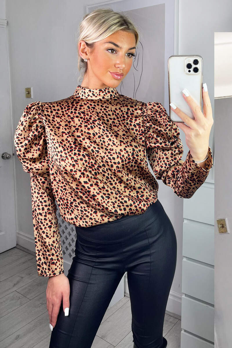 Multi Animal Print High Neck Puff Sleeve Blouse