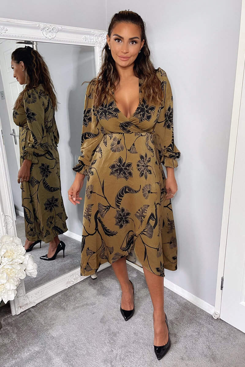 Multi Floral Print Long Sleeve Wrap Midi Dress