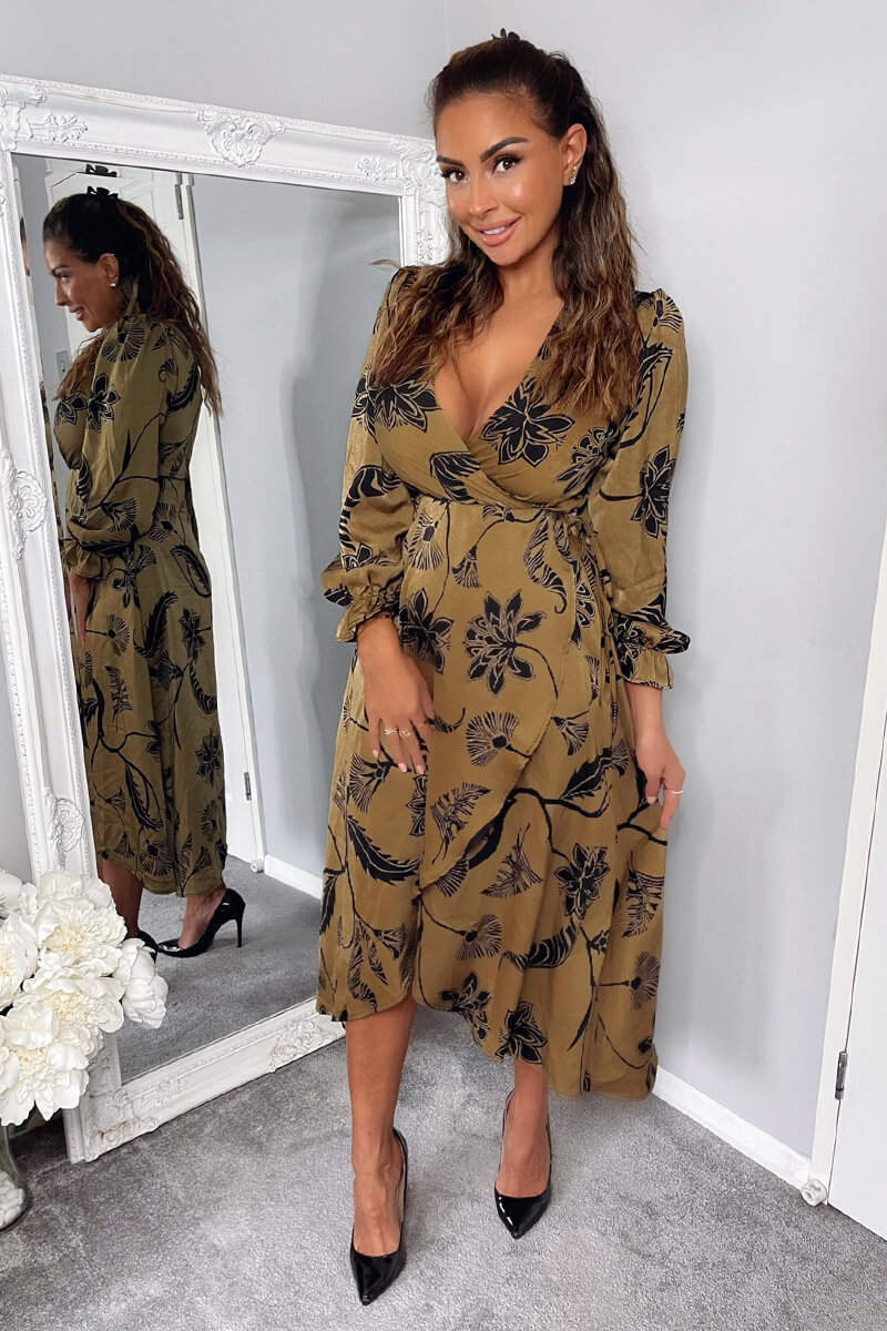 Multi Floral Print Long Sleeve Wrap Midi Dress