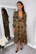 Multi Floral Print Long Sleeve Wrap Midi Dress