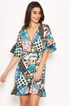 Multi Print Frill Wrap Dress