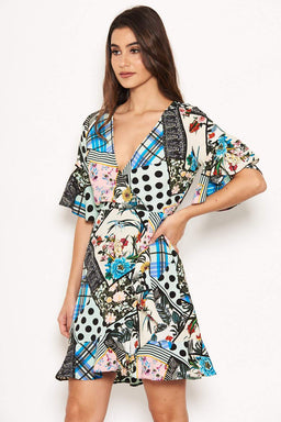 Multi Print Frill Wrap Dress