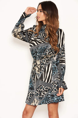 Multi Print High Neck Dress