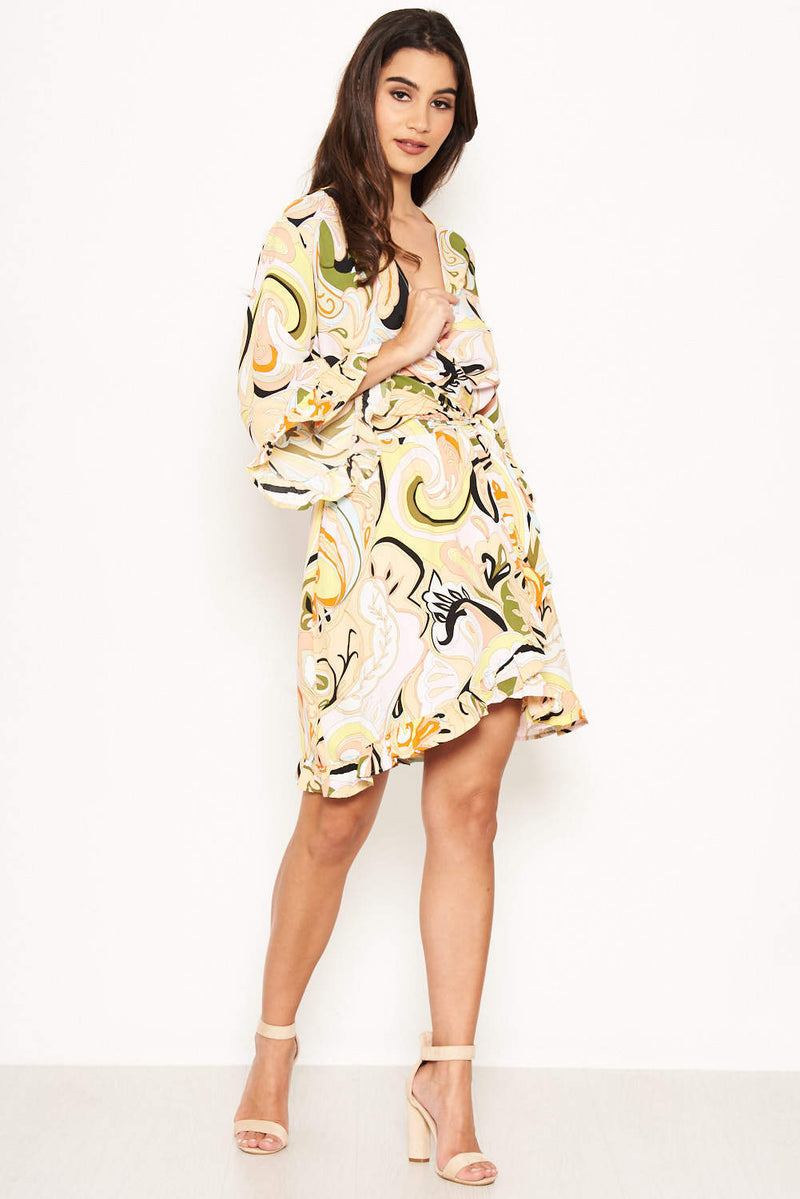 Multi Printed Wrap Over Dress