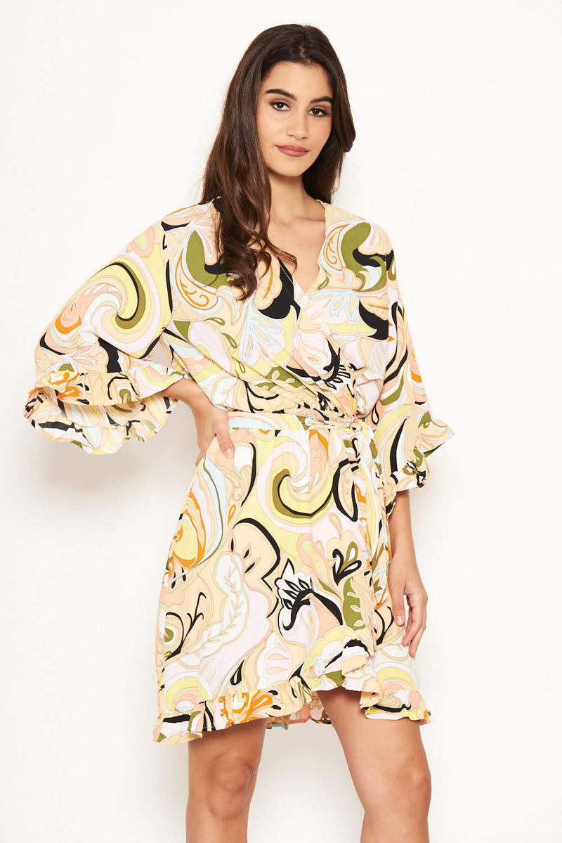 Multi Printed Wrap Over Dress