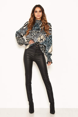 Multi Print Frill High Neck Top