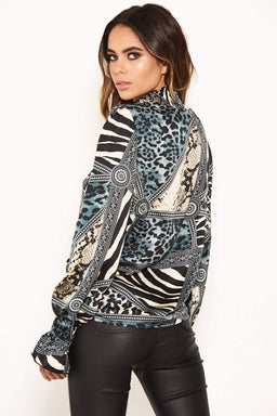 Multi Print Frill High Neck Top