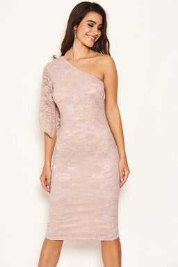 Mushroom Lace One Shoulder Midi Dress