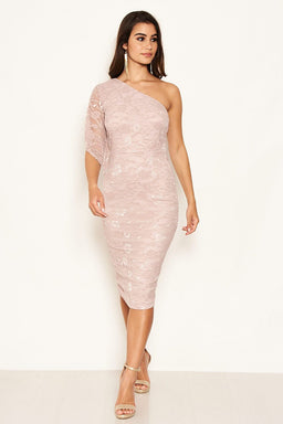 Mushroom Lace One Shoulder Midi Dress
