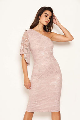 Mushroom Lace One Shoulder Midi Dress