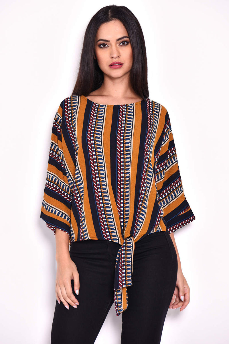 Mustard Aztec-Print Wide-Sleeve Top