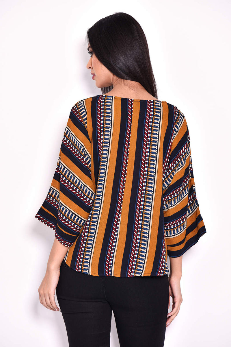 Mustard Aztec-Print Wide-Sleeve Top