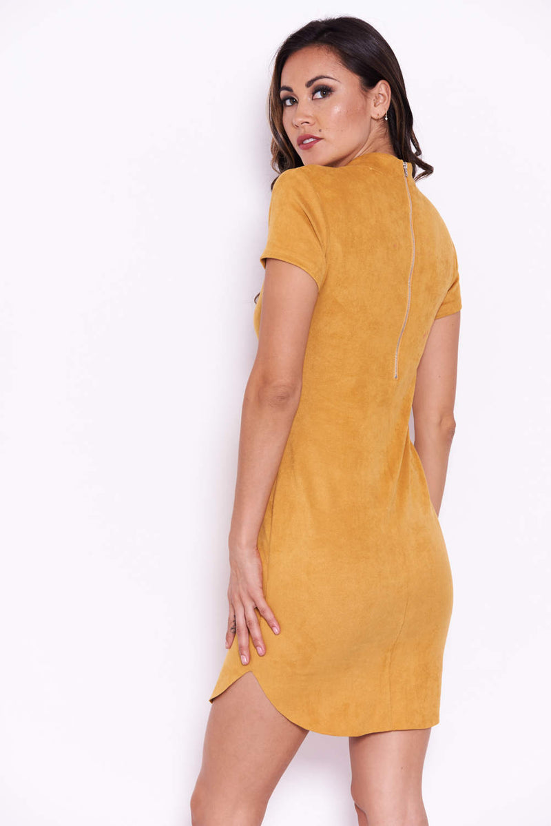 Mustard Faux Suede Mini Dress with High Neck