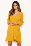 Mustard Frill Wrap Long Sleeve Dress