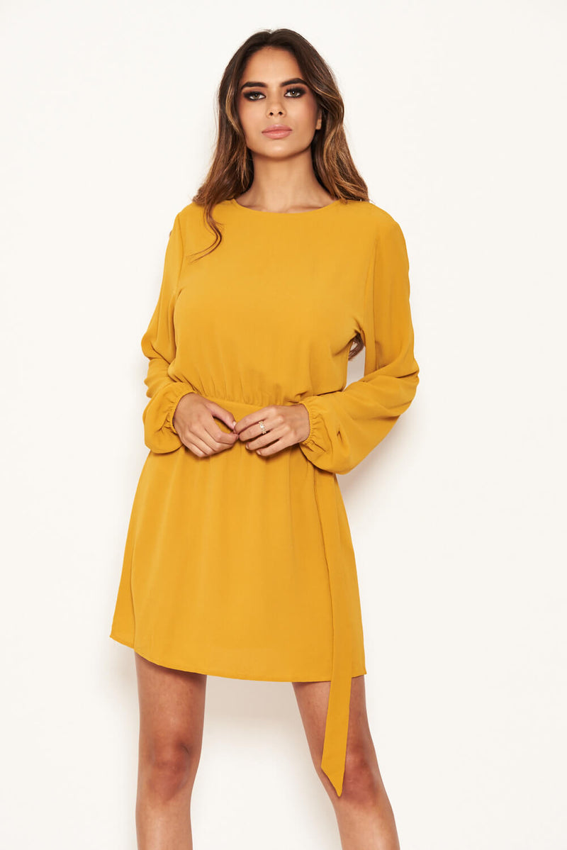 Mustard Long Sleeve Belted Day Dress