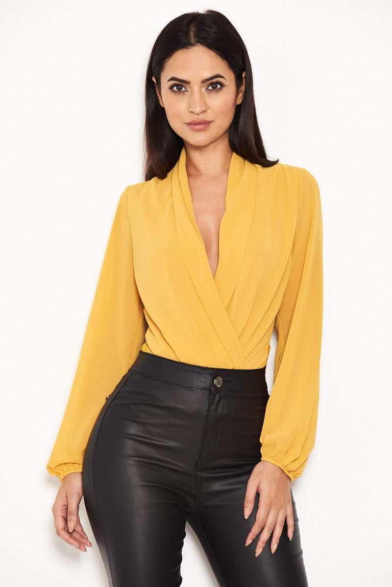 Mustard Mesh Detail Sleeved Bodysuit