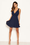 Navy V Neck Pleated Mini Dress