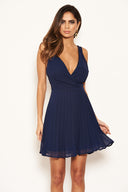 Navy V Neck Pleated Mini Dress