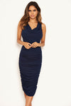 Navy Cowl Neck Ruched Side Bodycon Midi Dress