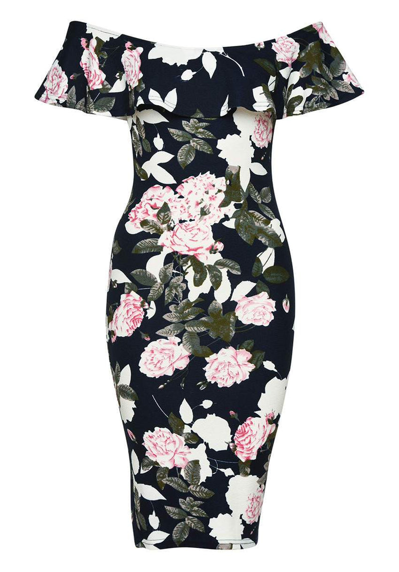 Navy Printed Floral Bardot Midi Dress