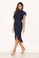 Navy Lace Fish Tail Frill Sleeve Midi Dress