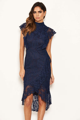 Navy Lace Fish Tail Frill Sleeve Midi Dress