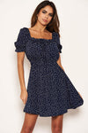 Navy Polka Dot Square Neck Swing Dress