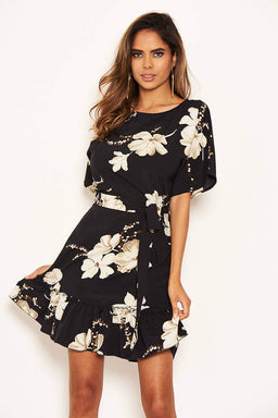Navy Floral Frill Hem Dress