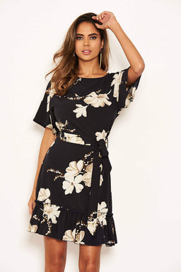 Navy Floral Frill Hem Dress