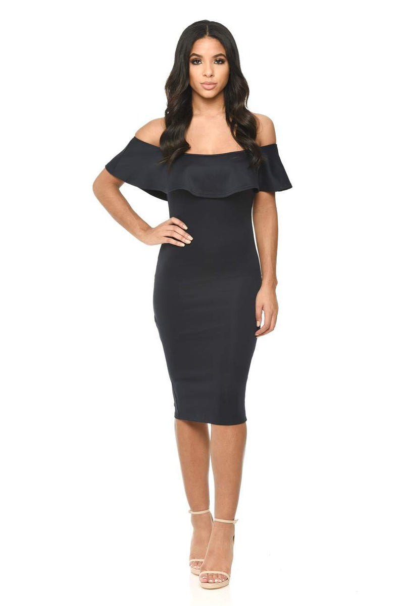 Navy Bardot Bodycon Dress With Ruffle Detail