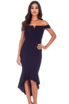 Navy Bardot Fishtail Midi Dress