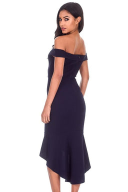 Navy Bardot Fishtail Midi Dress