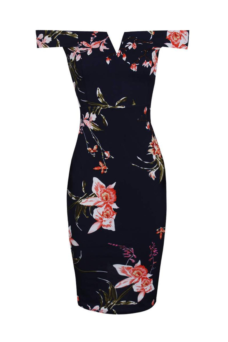 Navy Bardot Notch Front Floral Midi dress