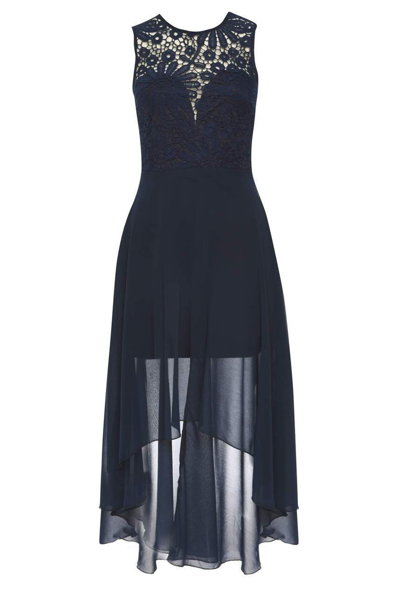 Navy Chiffon High-low Dress With Lace Neckline