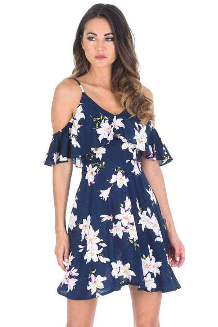 Navy Cold Shoulder Frill Skater Dress