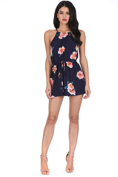 Navy Contrast Floral High Neck Playsuit