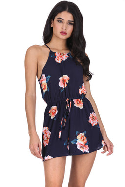 Navy Contrast Floral High Neck Playsuit