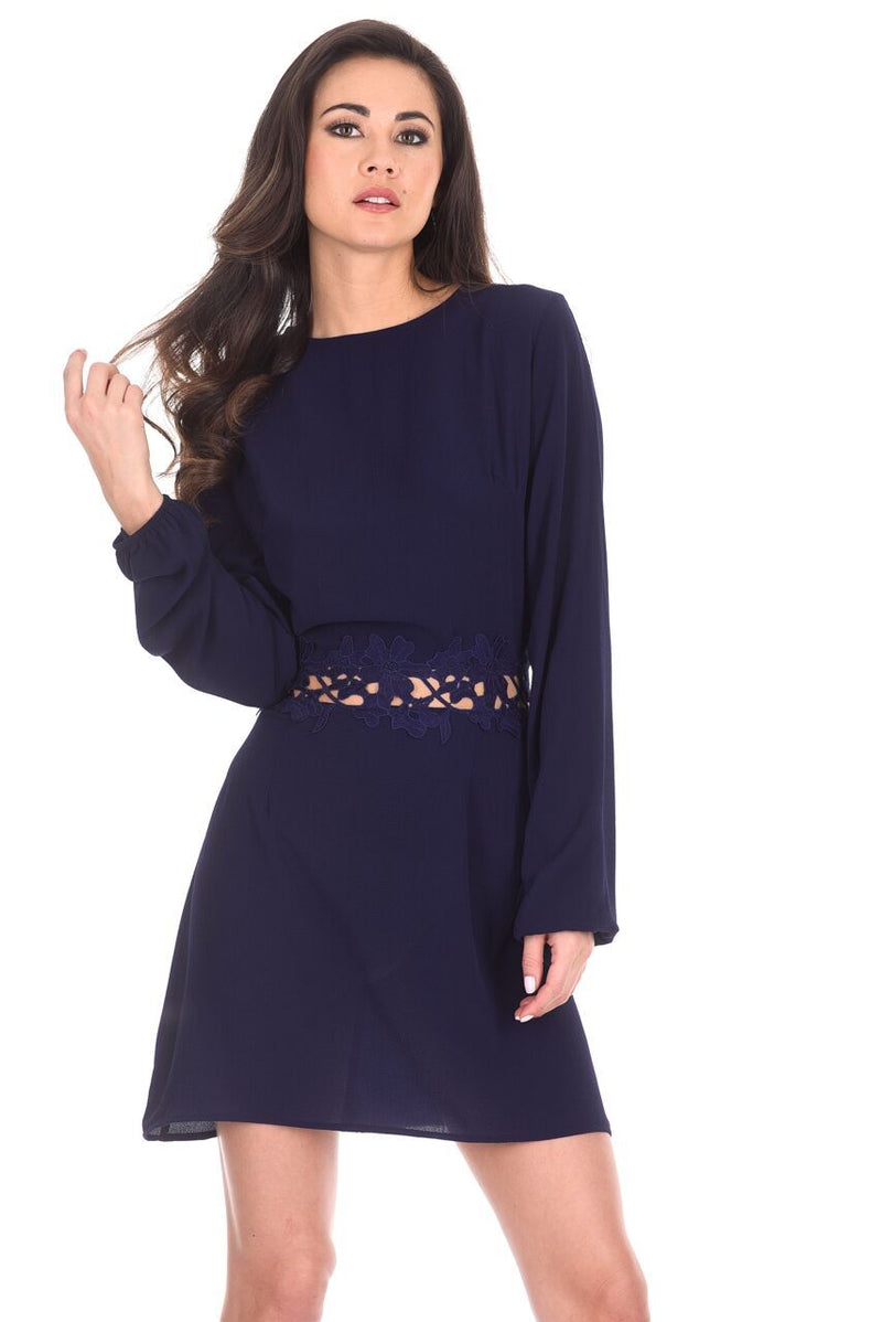 Navy Crochet Waist Long Sleeved Dress