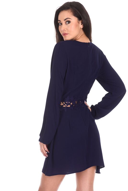 Navy Crochet Waist Long Sleeved Dress