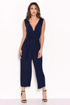 Navy Culotte Pleated Tie-Waist Jumpsuit