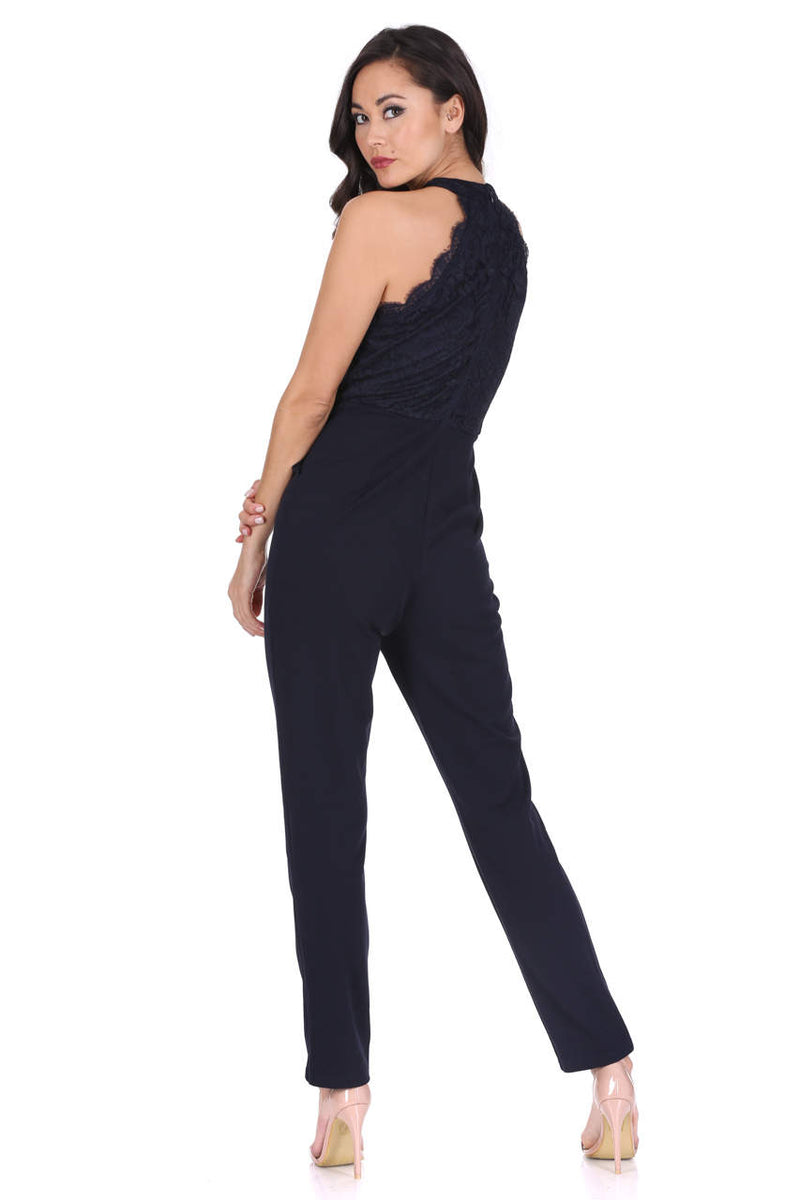 Navy Cut In Neck Lace Jumpsuit