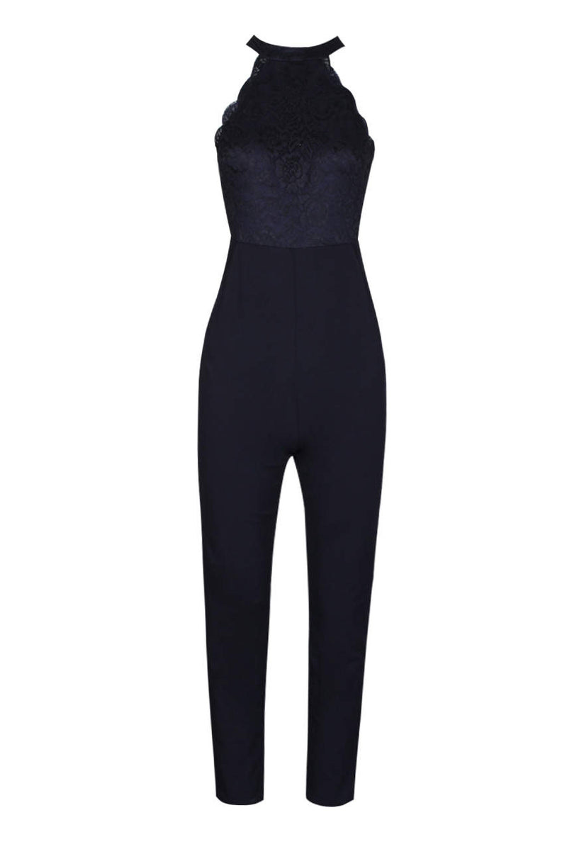 Navy Cut In Neck Lace Jumpsuit