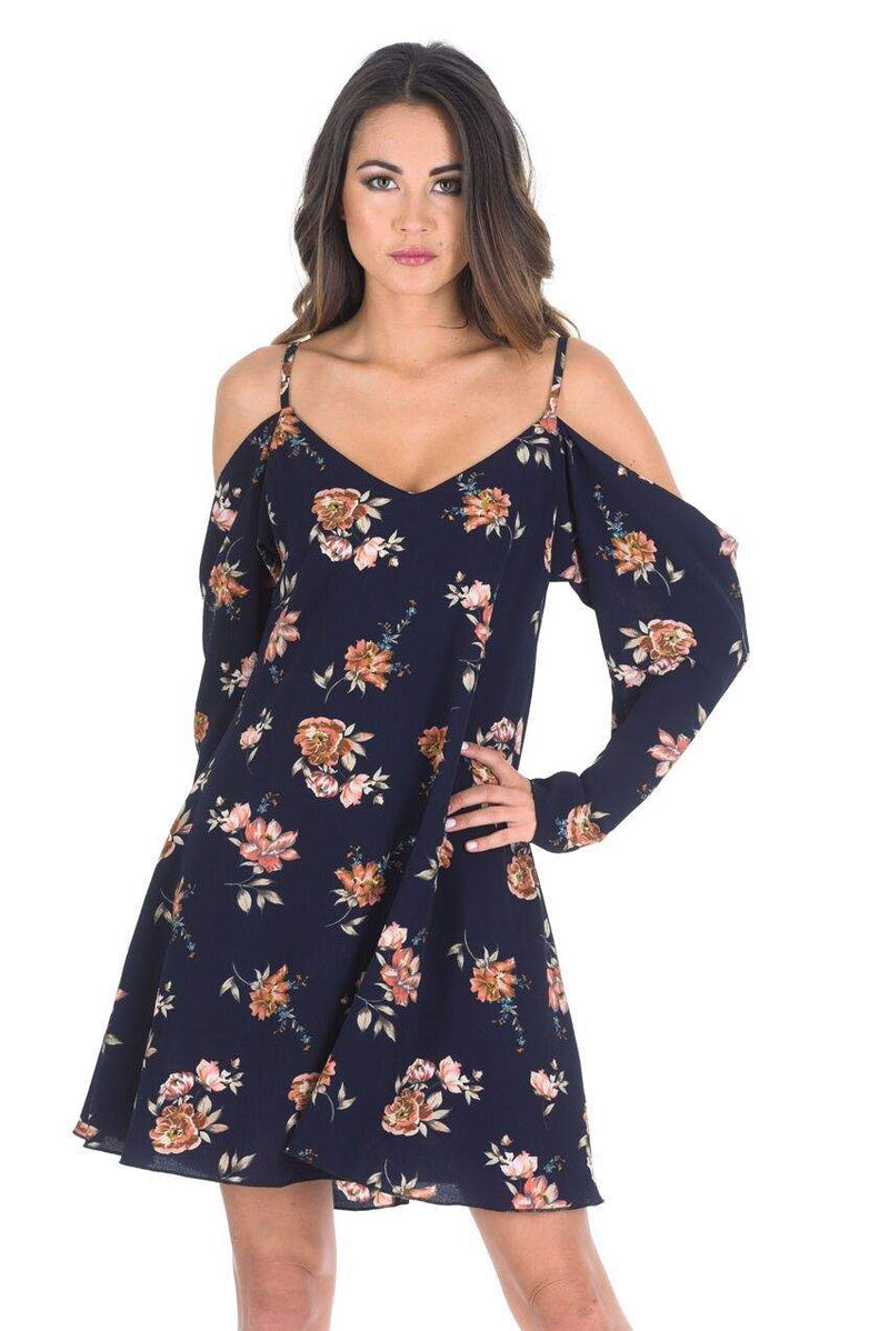 Navy Cut Out Shoulder Swing Dress