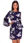 Navy Flared Sleeved Floral Shift Dress